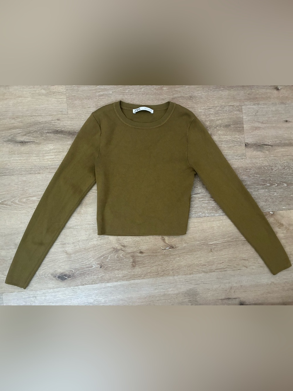 Zara Olive Long Sleeve Ribbed Crew Top